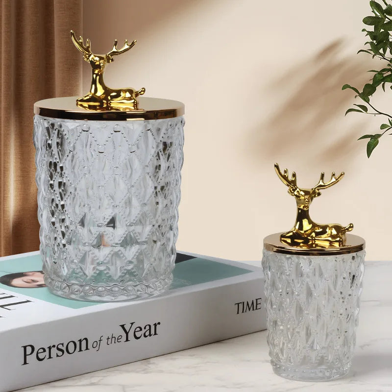 Axya Deer Glass Storage Jar: Gold, Crystal Clear, Desktop Organizer