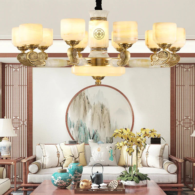 Axyaa Zen Jade Chandelier: Modern Chinese Living Room Lamp<style>, Elegant Restaurant Lighting