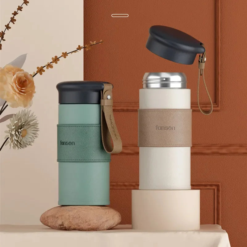 Axyaa Stainless Steel Leather Travel Coffee Cup Vacuum Flask