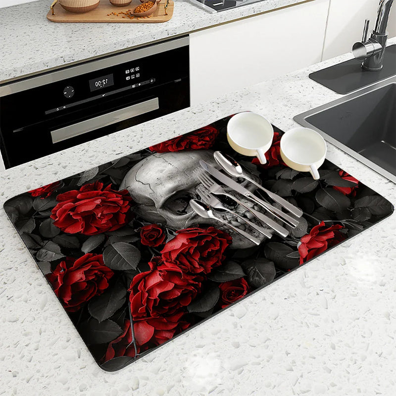 Axyaa Halloween Skull Kitchen Absorbent Mat, Antiskid & Quick Dry Draining Pad