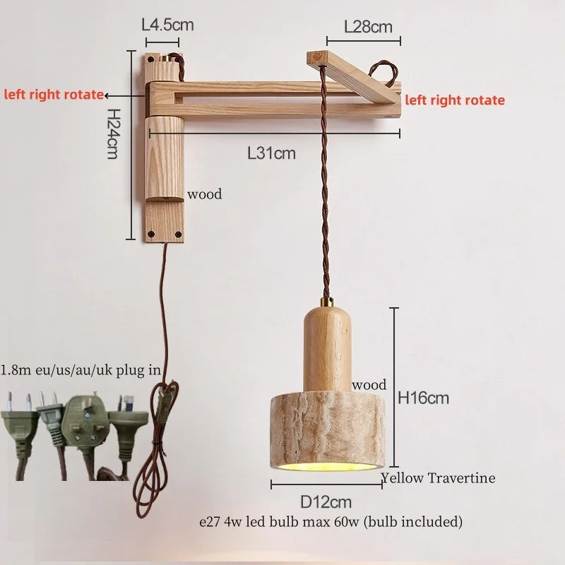 Axyaa Wood Stone LED Wall Lamp with Pull Switch, Stretching and Folding for Home Lighting