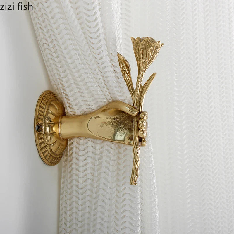 Axya Orichalcum Gold Curtain Hook Rose Hands Metal Hook Vintage Wall Hangings Key Hanger