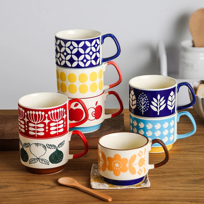 Axya Retro Japanese Flower Ceramic Coffee Mug Set 300ml