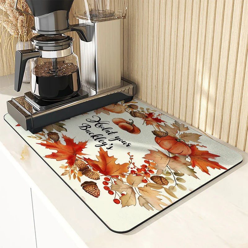 Axyaa Autumn Pumpkin Pine Kitchen Mat • Absorbent & Antiskid • Quick Drain & Tableware Mat