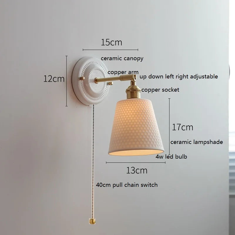 Axyaa Ceramic LED Wall Sconce with Adjustable Copper Arm - Pull Chain Switch
