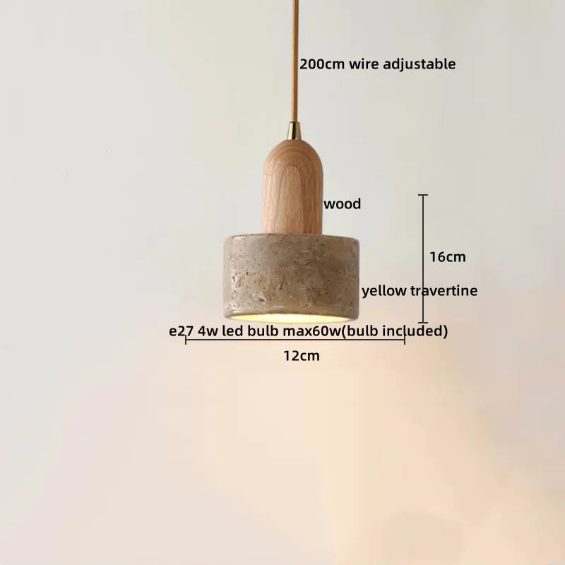 Axyaa Yellow Travertine Wood Pendant Light, LED Hanging Lamp for Dinging Living Room