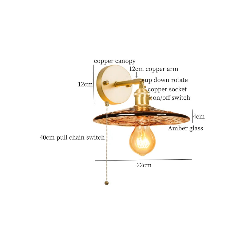 Axyaa Glass LED Wall Sconce Light Pull Chain Copper Applique Murale