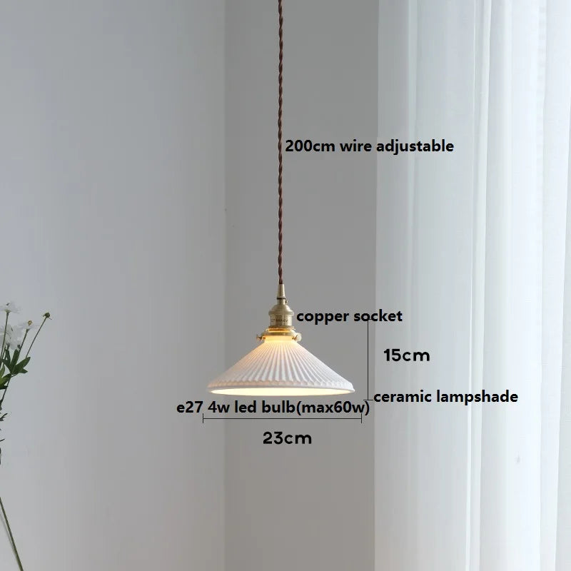 Axyaa White Ceramic LED Pendant Light with Wood Handle - Bedroom Living Room Lamp
