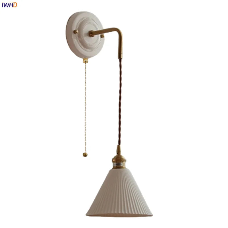 Axyaa Small Pleats Ceramic LED Wall Light Fixture Copper Arm Pull Chain Switch