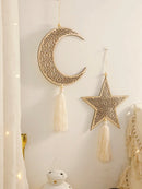 Ramadan Wooden Ornaments, Moon & Star Wall Decor with Tassel - Axyaa Eid Muslim Gift
