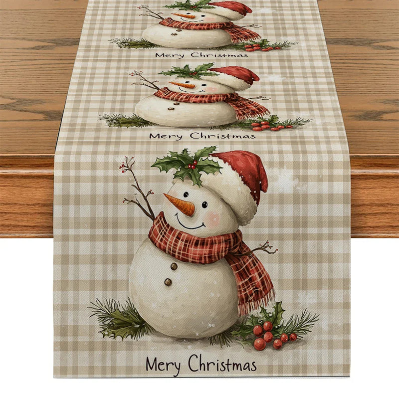 Snowman Holly Berries Table Runner by Axyaa: Festive Kitchen & Dining Decoration