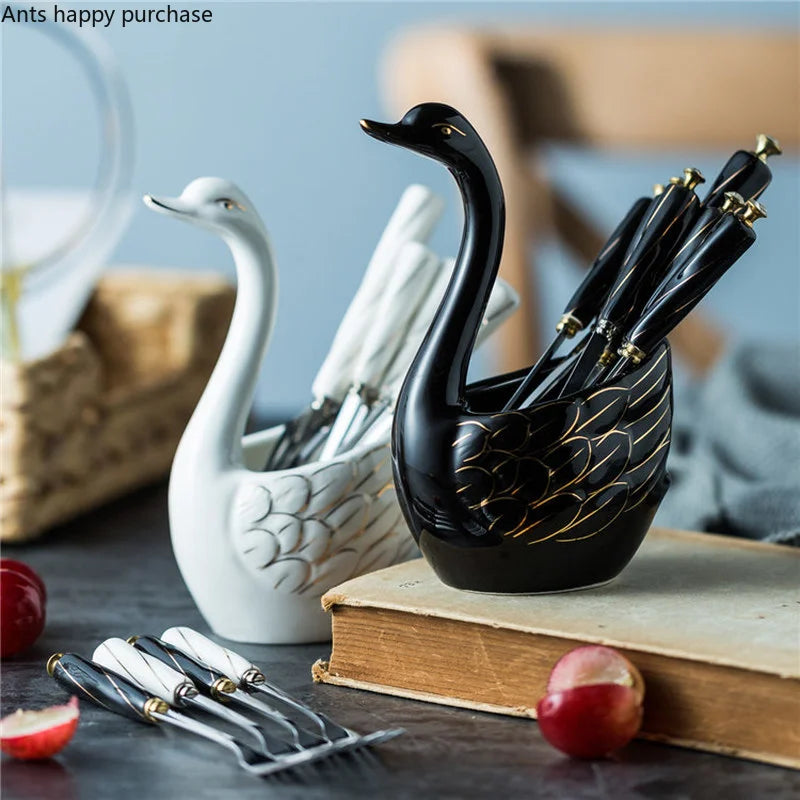 Axya Swan Ceramic Storage Fruit Fork Set, Stainless Steel Dessert Stick Tableware