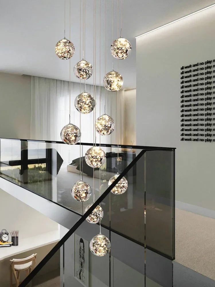 Axyaa Minimalist LED Glass Chandelier, Round Ball Gold Hanging Lights for Staircases