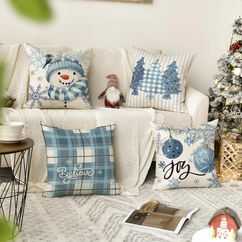 Winter Snowman Snowflake Xmas Throw Pillow Covers by Axyaa - Set of 4