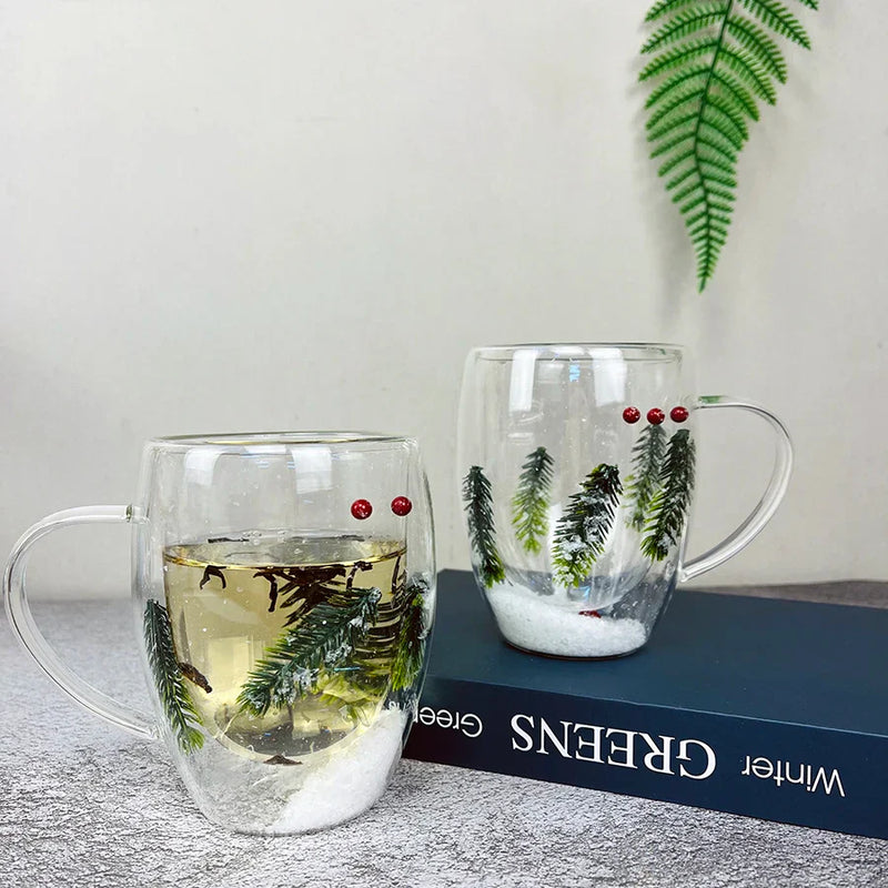 Axya Christmas Tree & Snow Clear Glass Cup Set - 350ml Double Wall Heat-resistant Mug