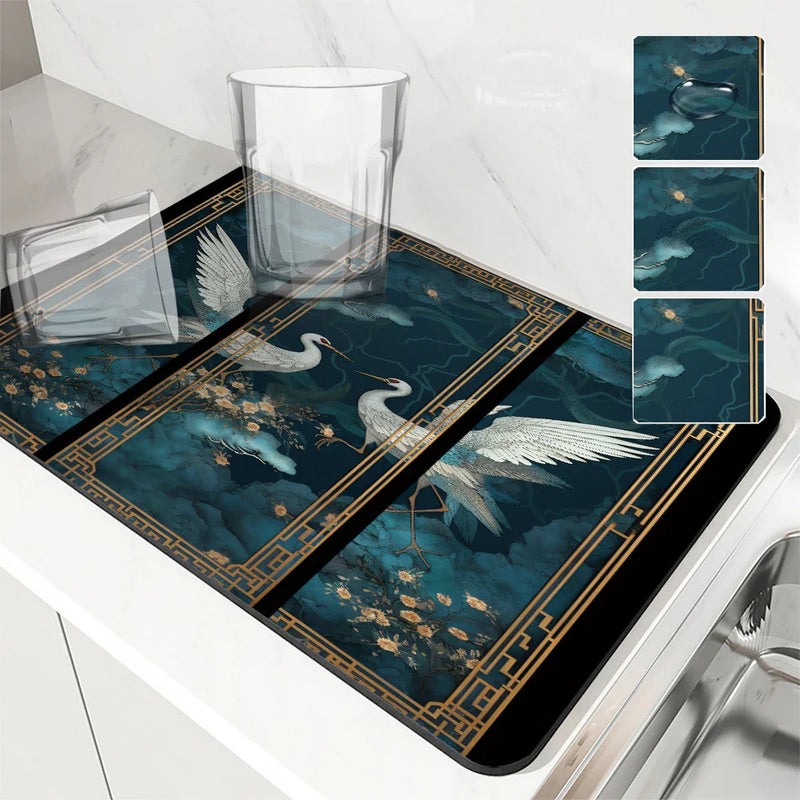 Axyaa Kitchen Drying Mat with Crane Plant Design and Absorbent Quick Dry Technology