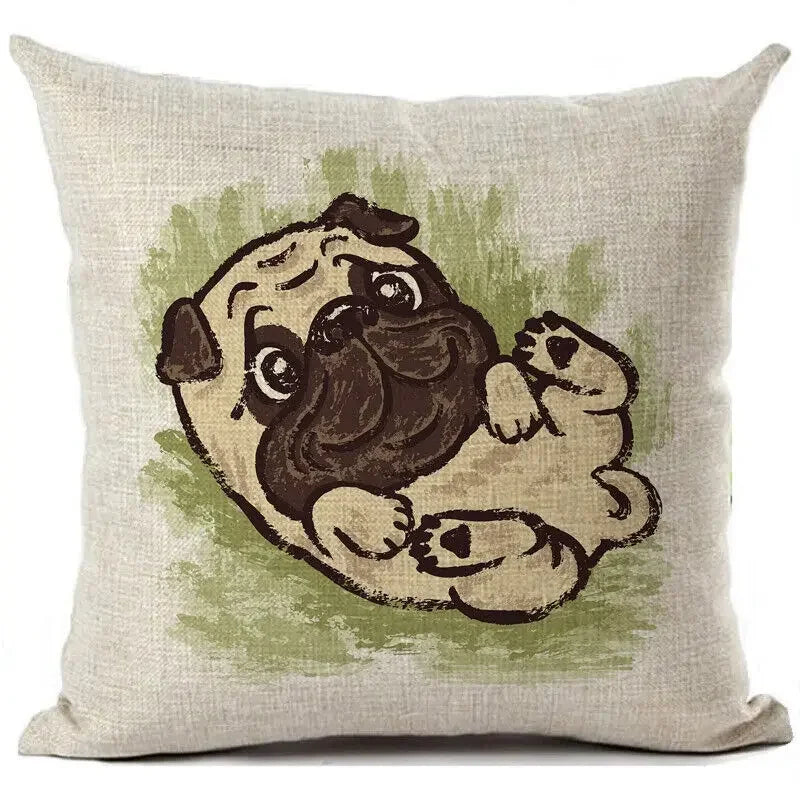 Square Linen Pug French Bulldog Pillow Cover by Axyaa