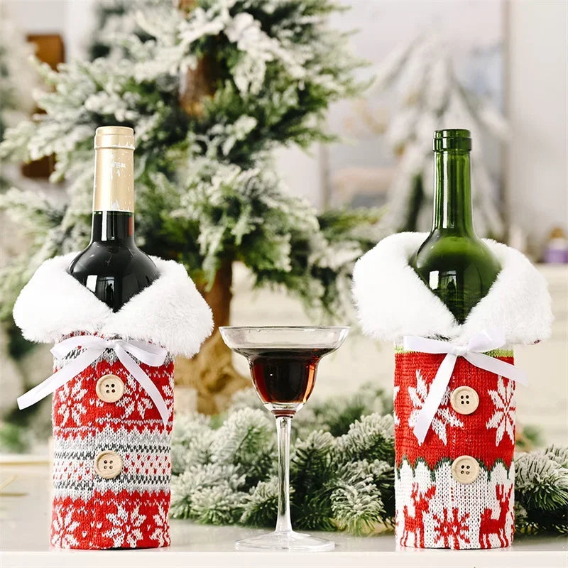 Knitted Red Sweater Christmas Bottle Bag Snowflake Xmas New Year Gift Ornaments