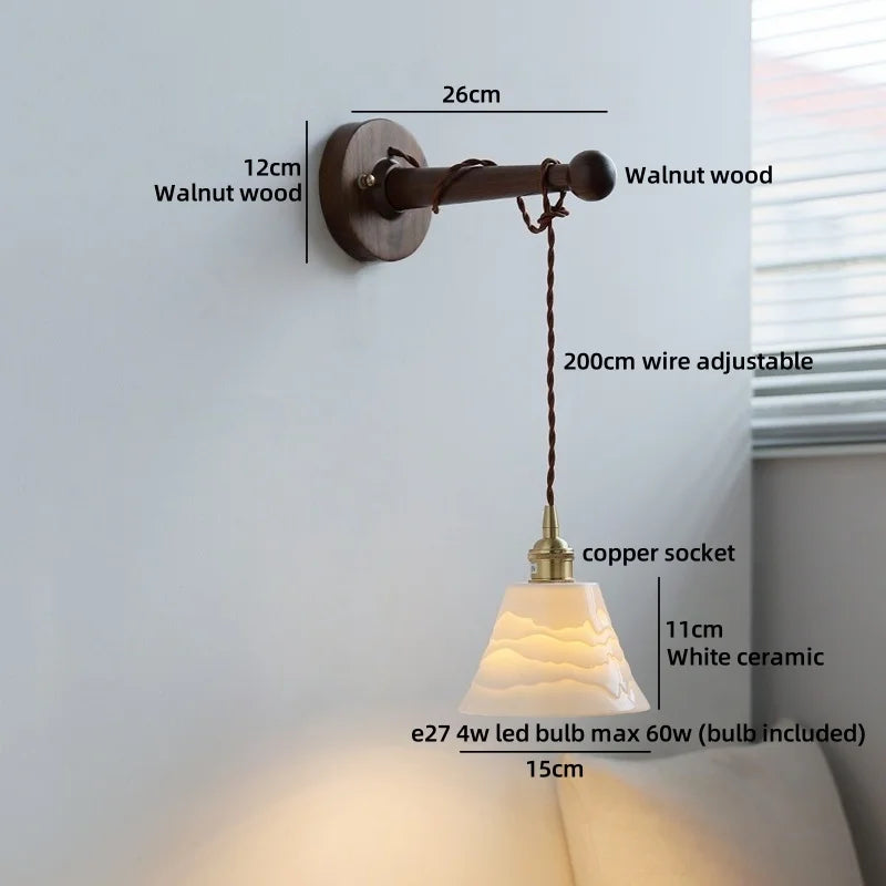 Axyaa Round Ceramic E27 Wall Lamp with Pull Chain Switch and Warm LED Light