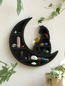 Axyaa Cat On Moon Crystal Shelf: Black Stone Display for Home Decor, Art, Plants