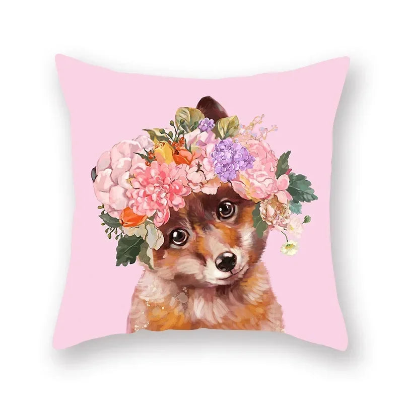 Floral Animal Painting Pillowcase Pink Cat Dog Llama Sofa Cushion Cover Home Decor