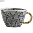Axya Irregular Geometric Ceramic Coffee Cup with Gold Handle, Black & White Pattern