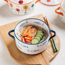Axyaa 1000ml Ceramic Double Ear Noodle Soup Bowl with Cover - 15cm Microwave Oven Bowl
