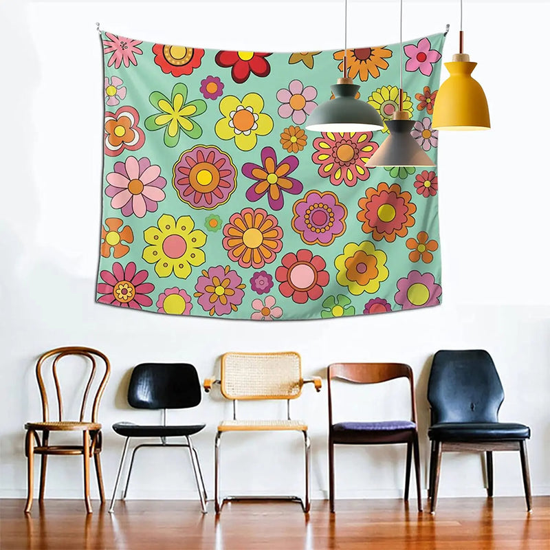 Axyaa Retro Floral Tapestry Wall Hanging: Orange & Green 70's Power Theme