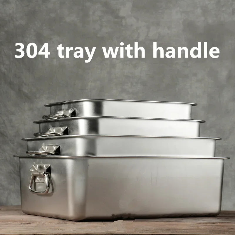 Axya 304 Stainless Steel Plate Metal Tray with Handle - Square Baking Dish BBQ Storage Tray