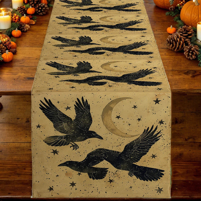 Black Crow Watercolor Silhouette Table Runner for Dining & Party Decor by Axyaa