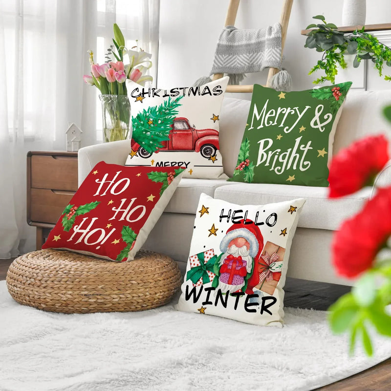 Axyaa Christmas Cushion Covers: Green Red Plaid Merry Christmas Pillowcase 45x45CM
