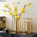 Axyaa Golden Bracket Glass Vase with Artificial Flowers in Modern Metal Frame