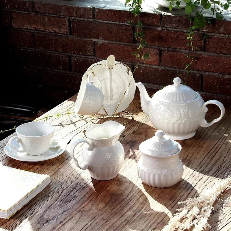 Axya Embossed Leaf Pattern White Ceramic Coffee Teapot Set