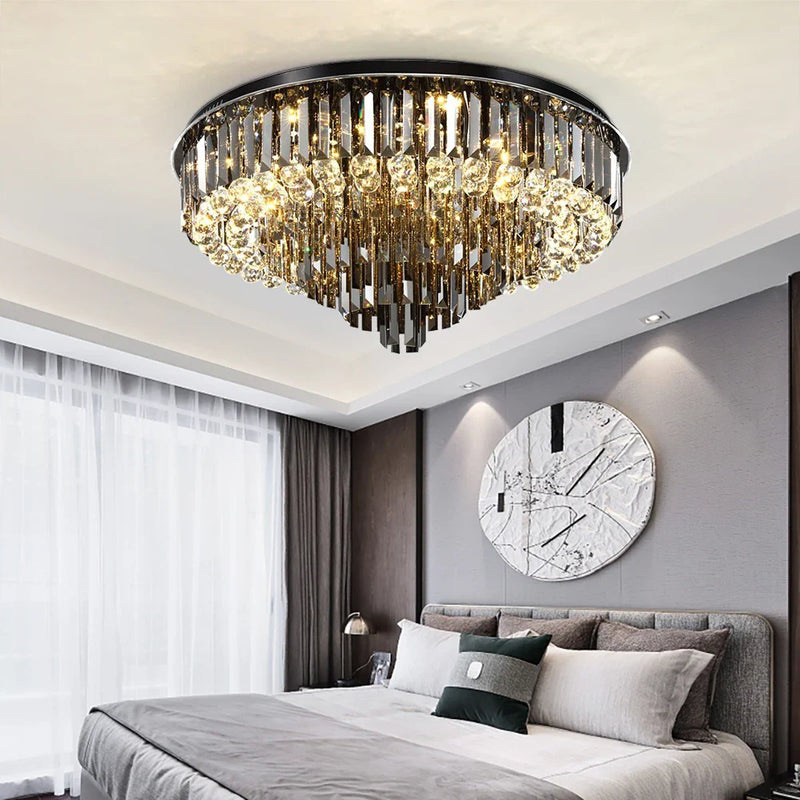 Axyaa Smoky Gray Crystal LED Ceiling Chandelier - Modern Living Room Pendant Lamp