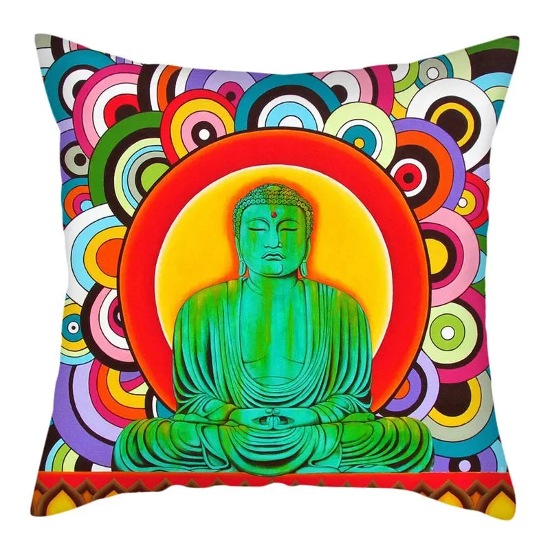 Axyaa Buddha Statue Polyester Cushion Cover for Home Sofa Decor
