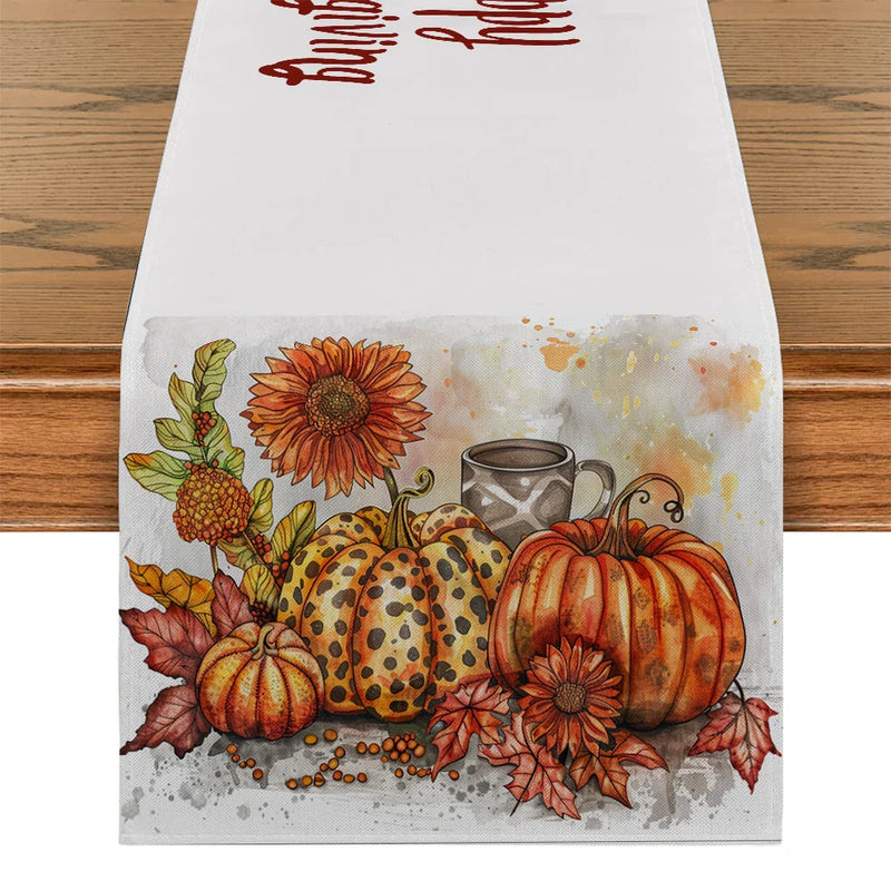 Axyaa Thanksgiving Pumpkin Coffee Leaves Table Runner