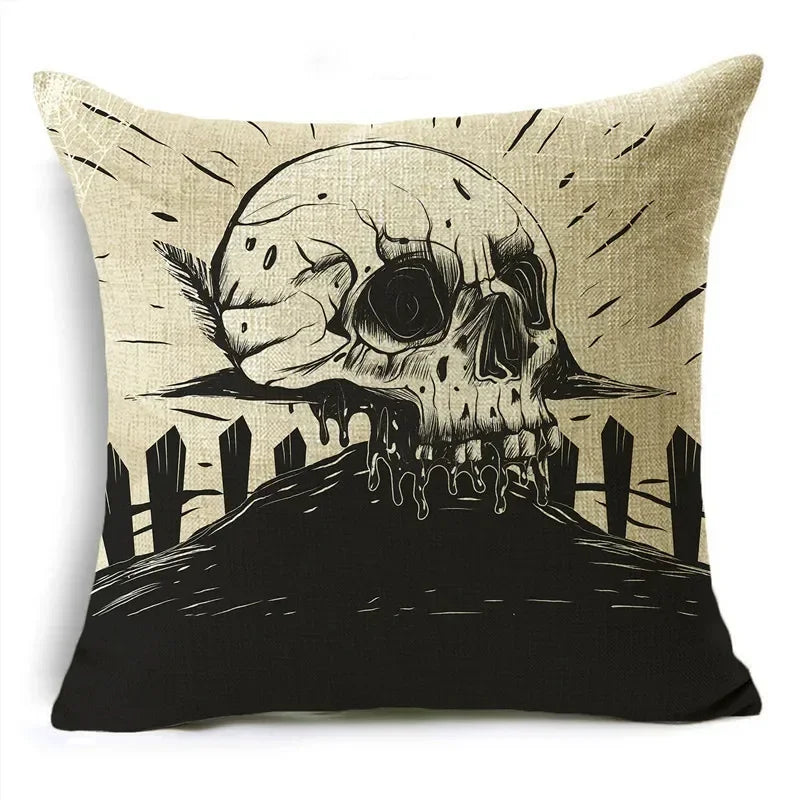 Axyaa Skull Pumpkin Printed Linen Throw Pillowcase for Living Room Party