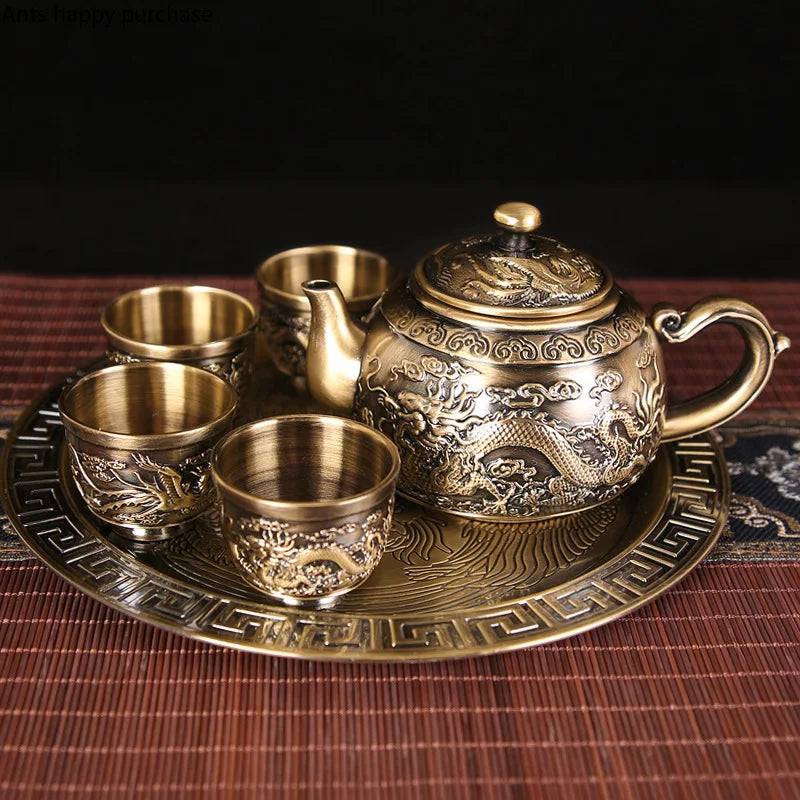 Axya Dragon Phoenix Metal Tea Set Tray 6 Teacup Teapot Teaware Utensils