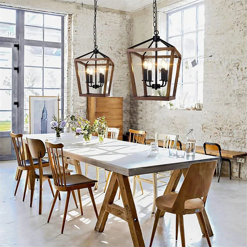 Axyaa Retro Industrial Bird Cage Candle Chandelier in Black Wood Color