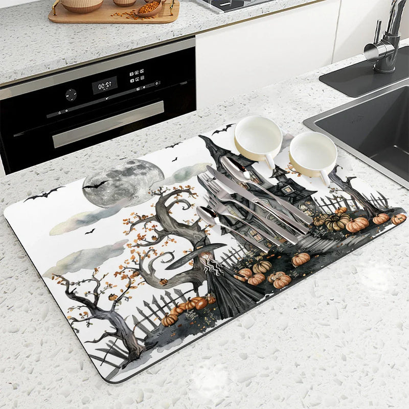 Axyaa Halloween Watercolor Draining Mat - Absorbent & Quick Dry Kitchen/Bathroom Drain Pad