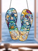 Axyaa Beach Style Acrylic Flip-Flops Suncatcher with Starfish & Shell, Wall Art Decor