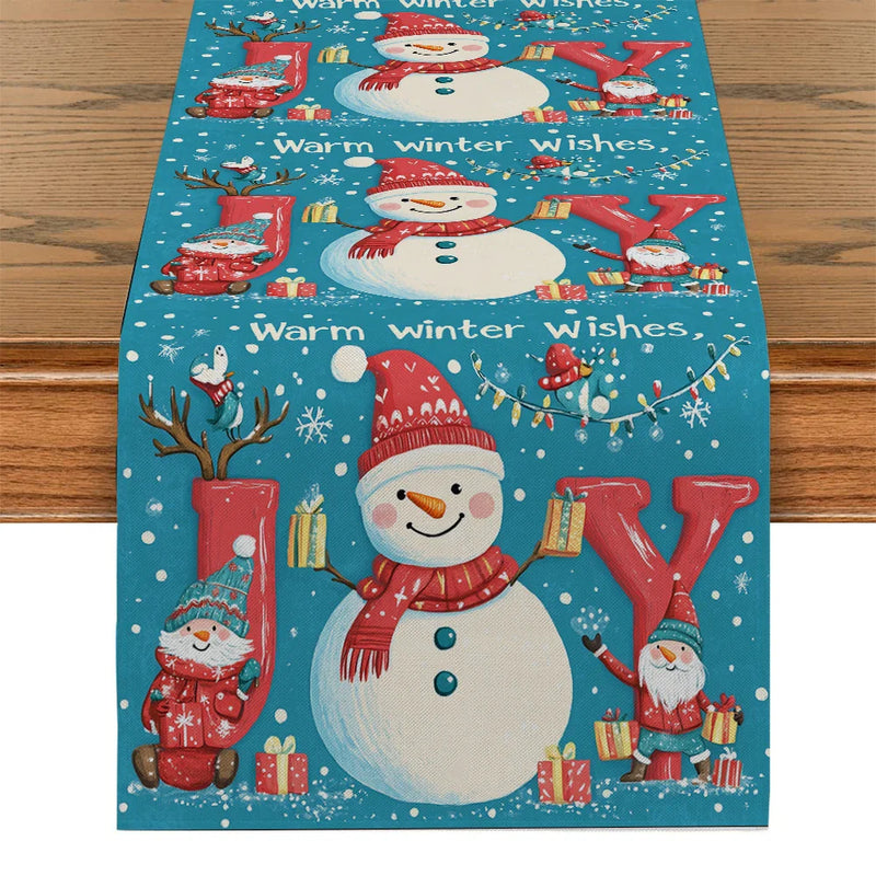 Holiday Table Runner Set by Axyaa: Festive Snowman Deer Dwarf Decor for Kitchen Party