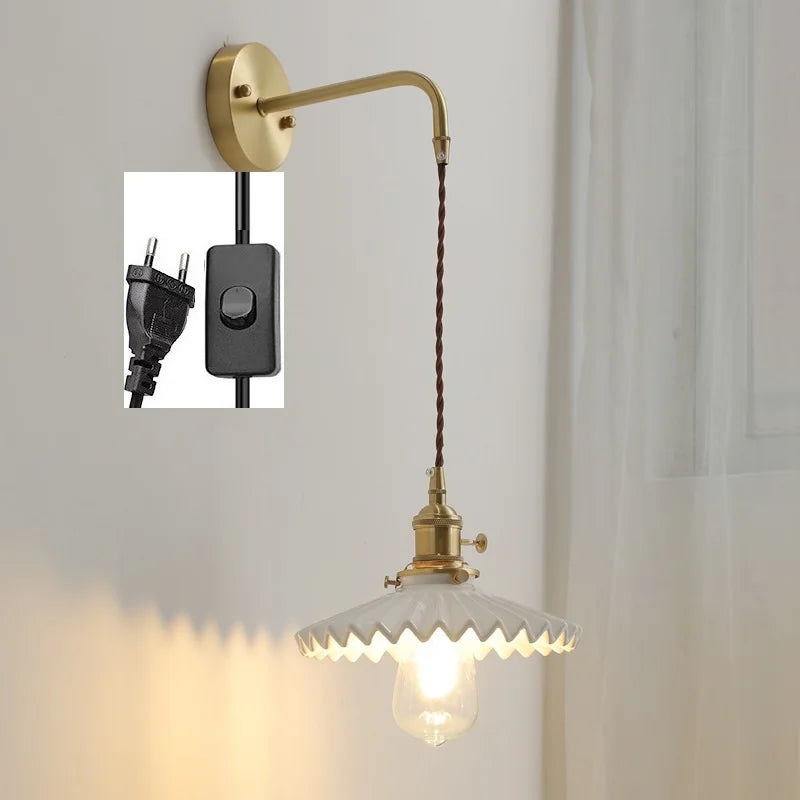 Axyaa Ceramic LED Wall Lamp with Pull Chain Switch - Modern White Black Copper Mirror Light