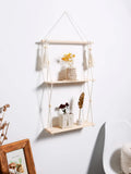 Axyaa Wooden Bead 2-Tier Wall Shelf for Boho Home Decor