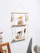 Axyaa Wooden Bead 2-Tier Wall Shelf for Boho Home Decor