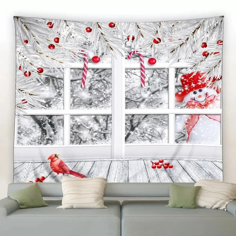 Axyaa Christmas Tapestry: Festive Snowman & Tree Print for Home Decor