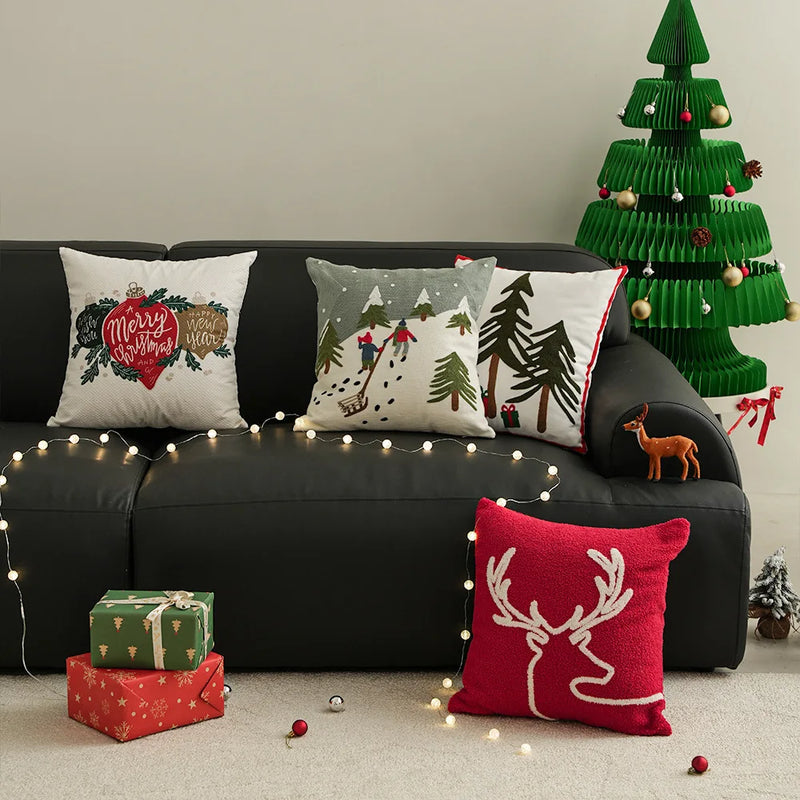 Axyaa Christmas Reindeer Pillow Cover Embroidered Home Decoration 45x45cm
