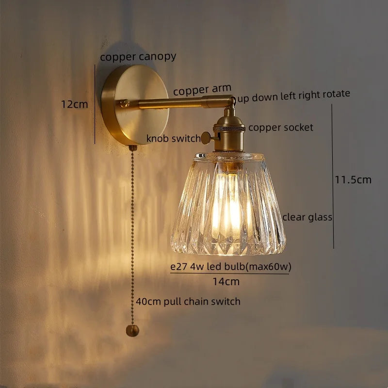 Axyaa Copper Glass Knob Switch LED Wall Light Fixture for Bedroom, Nordic Modern Arandela