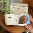 Axyaa Cute Cat Ceramic Coffee Mug with Large Handle and Knotbow Decor - 10oz