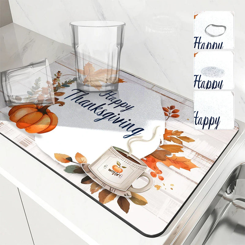 Thanksgiving Watercolor Coffee Drying Mat by Axyaa - Non-Slip Absorbent Kitchen Mat